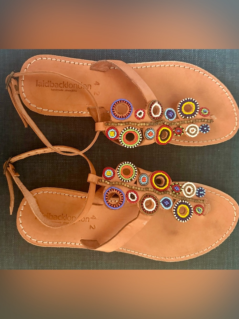 Laidback London Tan Leather Beaded T-Strap Sandals - Multicolor Accents